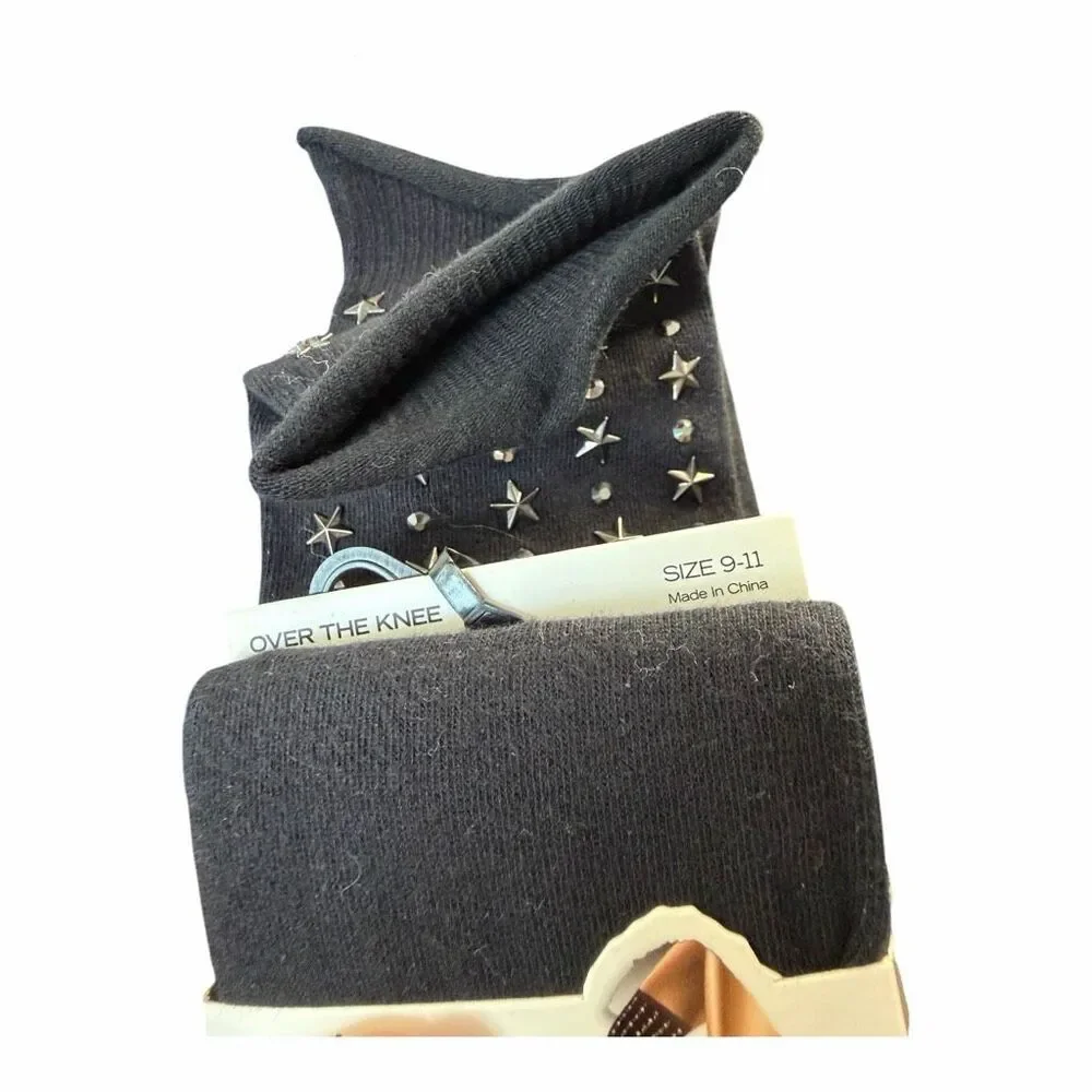 NWT MeMoi Trend Evening Star Over The Knee Socks Black Studded Rhinestone 9-11